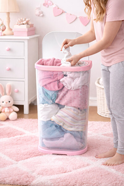 dnshome 1 Adet Çocuk Çamaşır Sepeti Pembe Kapaklı Kirli Çamaşır Kovası 45 lt