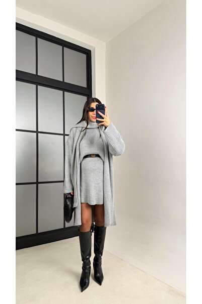 Gaus Gri Şal Detaylı Hırka Kazak Beli Lastikli Etek Triko Takım GAUS-01039