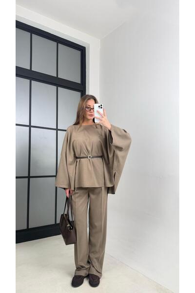 Gaus Haki Kemerli Pelerinli Panço Beli Lastikli Pantolon Premium Takım GAUS-0...