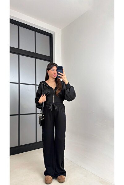 Gaus Black Satin Detailed Cardigan Elastic Waist Pants Design Set Gaus-01096