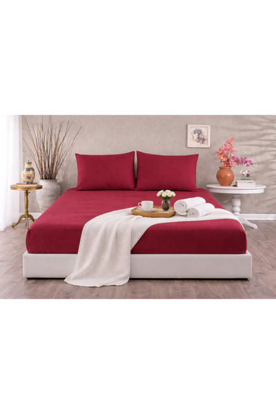 vionetta Ranforce 100% Cotton Claret Red Elastic Sheet Set with Pillowcases