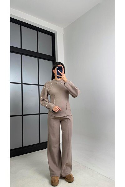 Gaus Vizon İnci İşleme Detaylı Kazak Pantolon Selanik Triko Takım GAUS-01069