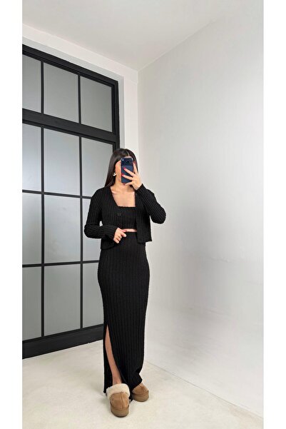 Gaus Siyah Hırka Crop Beli Lastikli Yırtmaç Detaylı Etek Triko Takım GAUS-00969