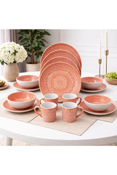 Generic Coral Porcelain Dinner Set with Mandala Pattern – 16 Pieces