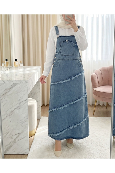 Modamorfo Denim Salopet with Pockets and Side Buttons and Tassel Detail - Ice...
