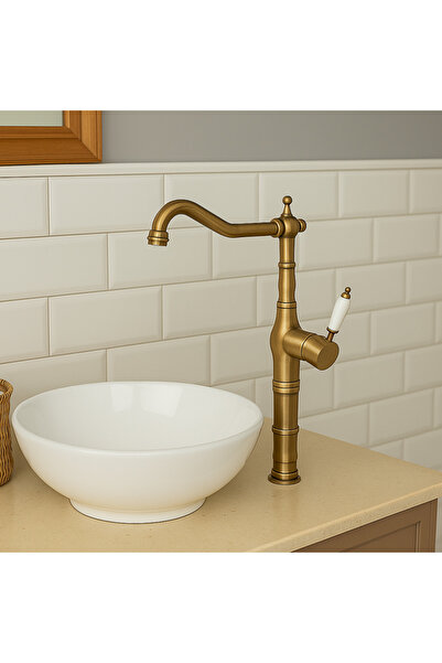 banyosepeti Valent Antique Vintage Bowl Sink Faucet – Classic Ceramic Handle,...