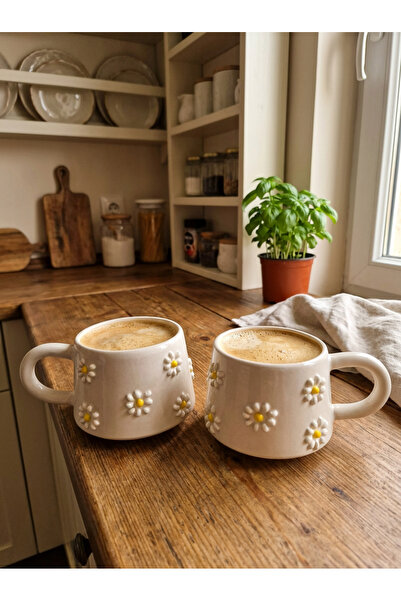 NİVRA GRUP (Set of 2) Handmade Ceramic Mug – Yellow Daisy Patterned Coffee & ...