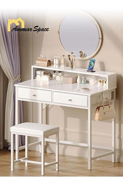 Ammar Space White Bedroom Vanity Desk Stool Set With 2 Drawers Modern Makeup ...