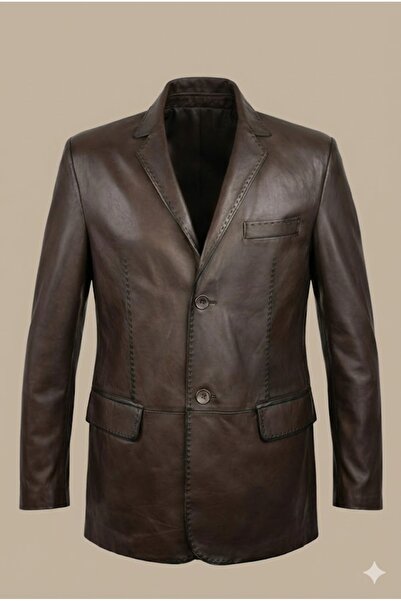 Verra %100 Hakiki Deri Kahverengi Erkek Blazer Ceket - Klasik Kesim Düğmeli D...