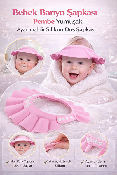 Hane Dostu Bebek Banyo Şapkası Pembe Ayarlanabilir Çıtçıtlı Silikon Duş Şapka...