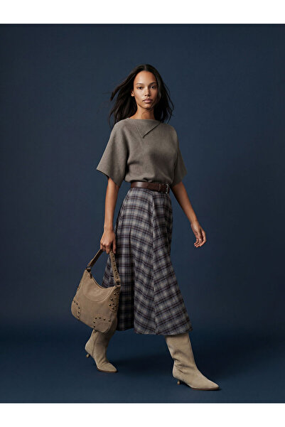 LC Waikiki Kahverengi Beli Fermuarlı Ekose Kloş Etek