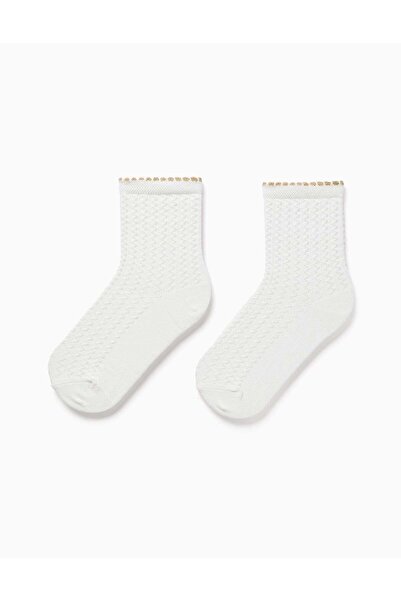 Ziddy جوارب طويلة للبنات، مزينة بنسيج الجاكار واللوركس، أبيض/ذهبي