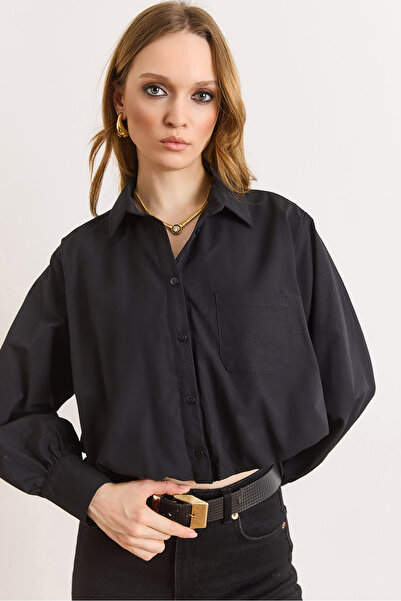 Olalook Women's Black Lined Jumpsuit with Pleated Back Crop Shirt Gml-19001419