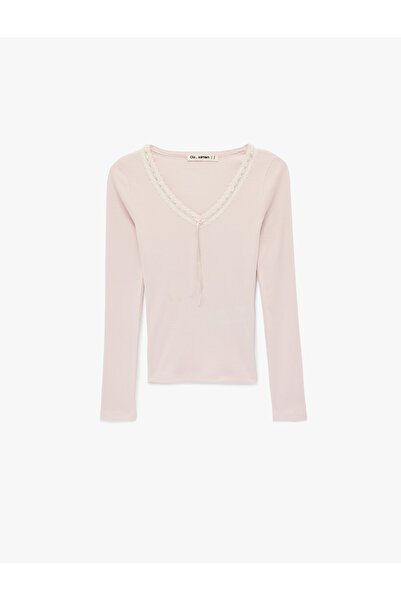 Koton Slim Fit Lace Detailed Long Sleeve Bow V-Neck T-Shirt
