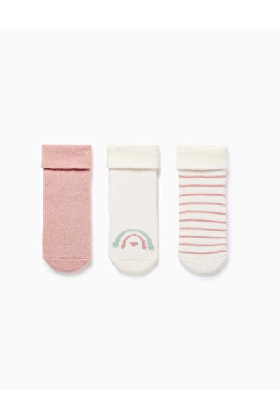 Ziddy 3 pairs socks with terry lining for newborn and baby girls, white/pink