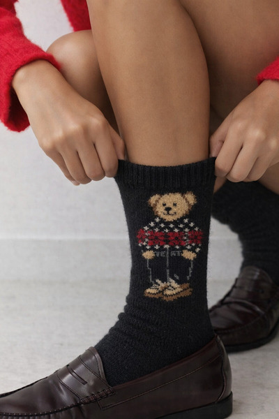 Katia&Bony Дамски вълнени чорапи с теди мотив, черни
