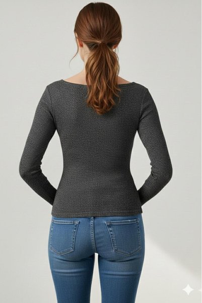 CAST COLLECTİON Kadın Antrasit Slim Dar Kesim Uzun Kollu Kayık Yaka Bluz
