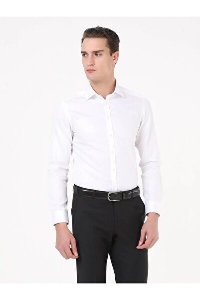 Kip White Plain Slim Fit Weaving Classical 100% Cotton Shirt