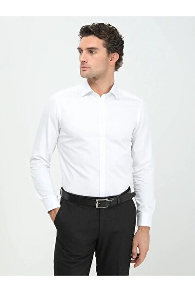 Kip White Plain Slim Fit Weaving Classical 100% Cotton Shirt