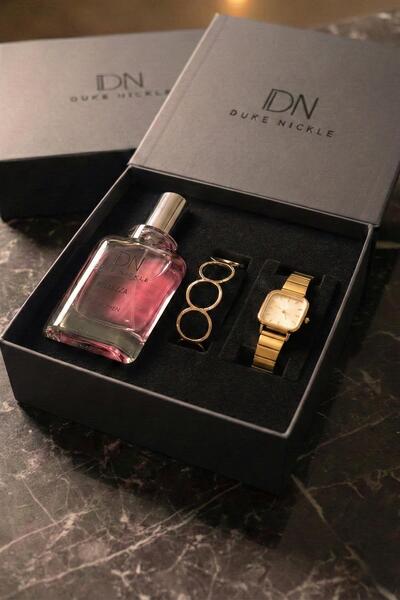 Duke Nickle Halka Bileklikli Altın Metal Kordon Kare Kadın Kol Saati Parfüm K...