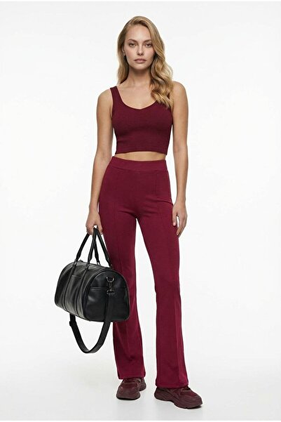 Madmext Burgundy High Waist Flare Leg Stylish Casual Women's Trousers Mg2645