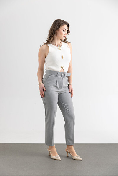 TUĞBA ERGÜL بنطلون نسائي بحزام من القماش المزدوج