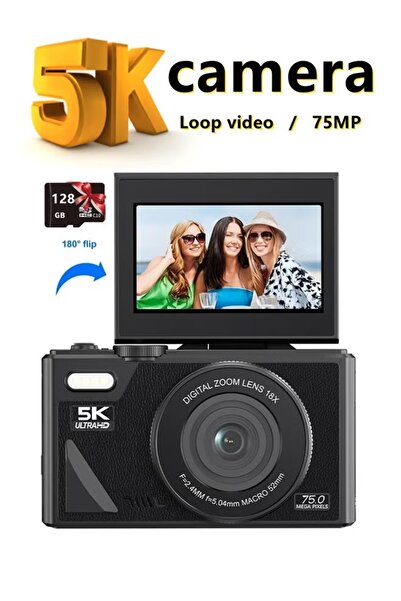 Makrystorm 75MP Digital Camera with 128GB SD Card 5K Vlogging 18X Digital Zoo...