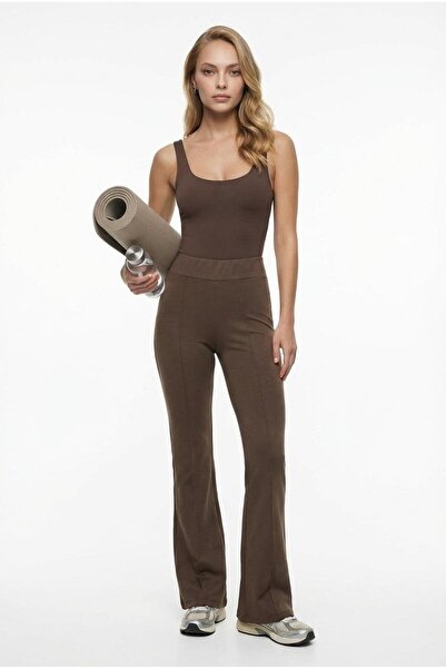 Madmext Brown High Waist Flare Leg Stylish Casual Women's Trousers Mg2645