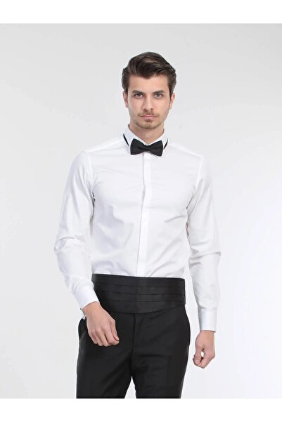 Kip White Plain Slim Fit Double Cuff Classic Collar Tuxedo Shirts