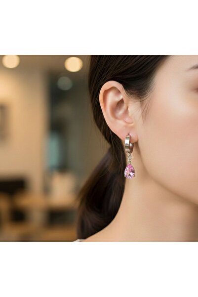 stainless steell أقراط فضية اللون وردية اللون من الفولاذ على شكل قطرة