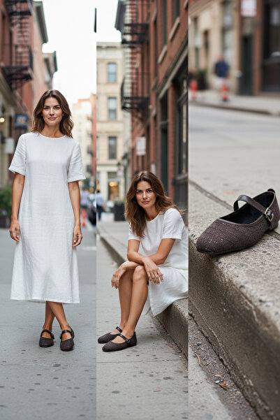 MARCO BLACK Women's Coffee-Colored Tweed Fabric Casual Daily Comfortable Flat...