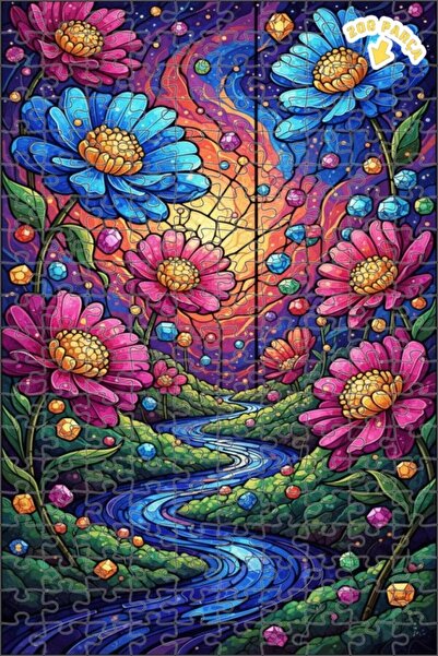 Teona Ahşap لغز خشبي بتصميم نهر الزهور السحري بمظهر فسيفساء زجاجي 200 قطعة 25x35