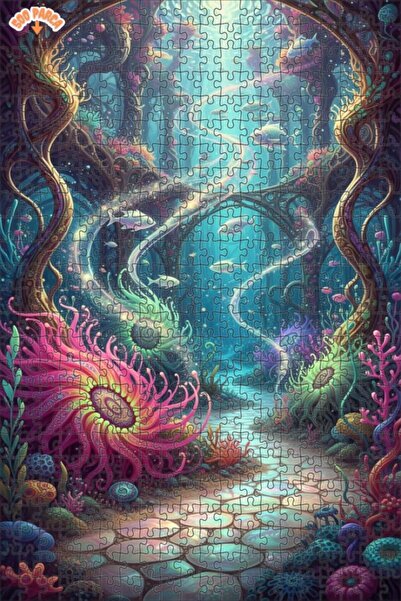 Teona Ahşap Magical Undersea Forest Watercolor Look Double-Layer Framed Woode...