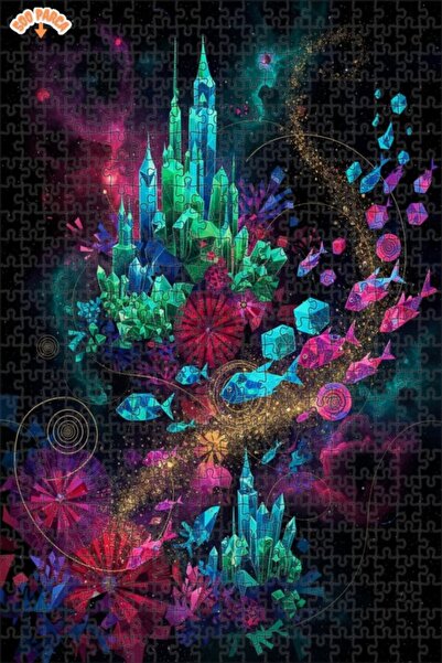 Teona Ahşap Crystal Castle Fish School Digital Art Double Layer Framed Wooden...