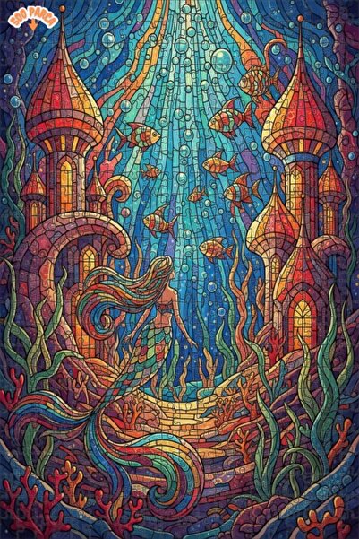 Teona Ahşap Mermaid Tale Colorful Mosaic Look Double Layer Framed Wooden Puzz...