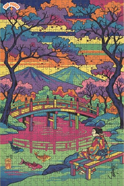 Teona Ahşap Colorful Japanese Garden Landscape Oil Painting Double-Layer Fram...