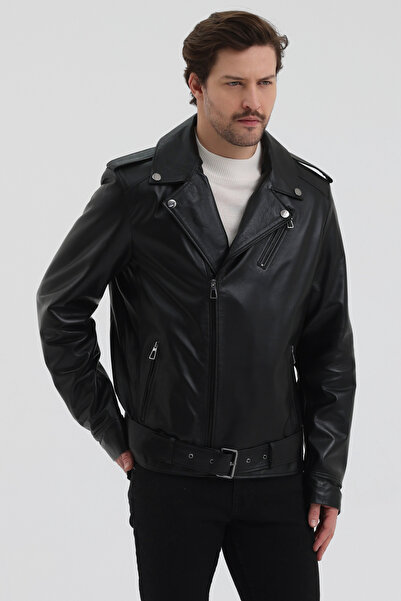 Erkek Siyah Biker Deri Mont Bel Kemer