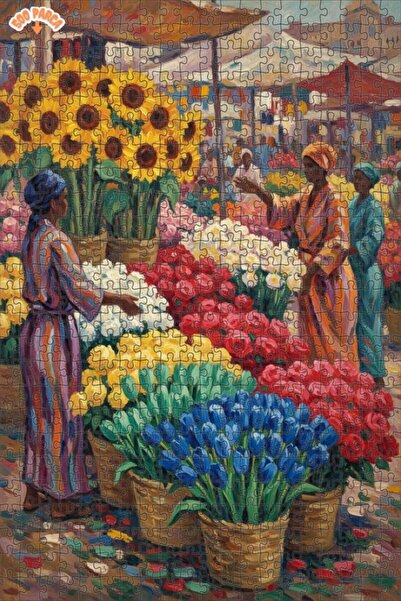 Teona Ahşap Flower Market Oil Painting Look Wooden Puzzle Double Layer Framed...