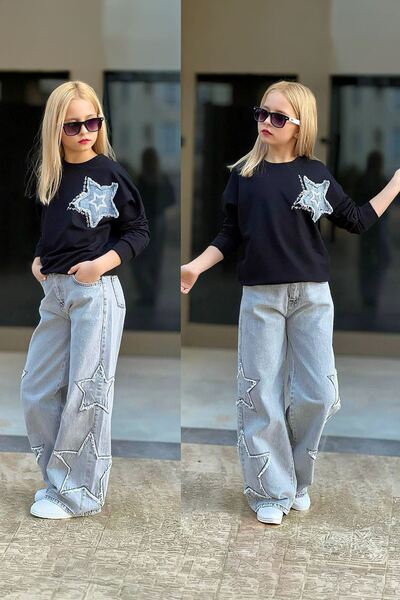 Minigimin Cicileri My Little Girl's Star Detailed Sequin Embroidered Jeans Pa...