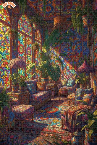 Teona Ahşap Colorful Bohemian Living Space Oil Painting Look Double-Layer Fra...