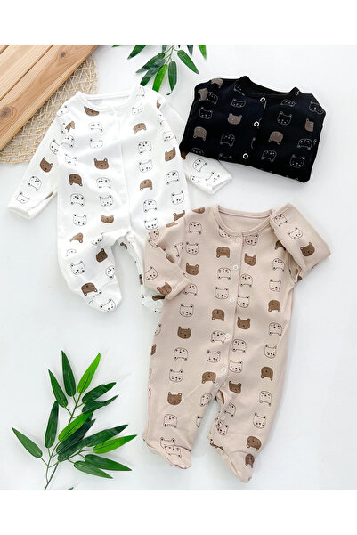 hümabebe Bear Face Patterned Boy's Transitional 3-Piece Jumpsuit Set with Sna...