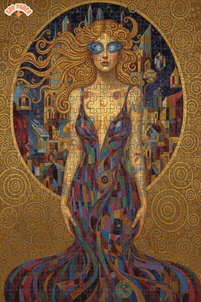 Teona Ahşap Golden City Woman Oil Painting Look Wood Puzzle 500 Pieces 50X30