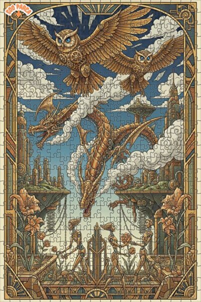 Teona Ahşap لغز خشبي ذو طبقتين بإطار مزدوج بتصميم تنين ستيمبانك وطائر البومة ...