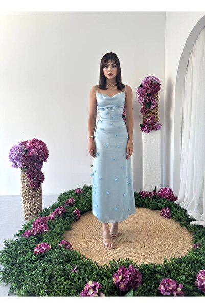 EtikaOnline Tasarım Saten Askılı Çiçek Detay Elbise Sara kadın