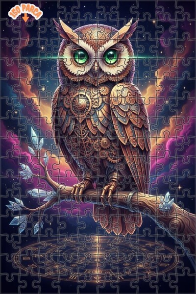 Teona Ahşap Mysterious Mechanical Owl Oil Painting Look Double Layer Framed W...