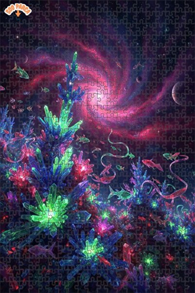 Teona Ahşap Galactic Crystal Fishes Oil Painting Look Double Layer Framed Woo...