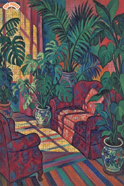 Teona Ahşap Tropik Salon Oil Painting Look Wooden Puzzle Double Layer Framed ...