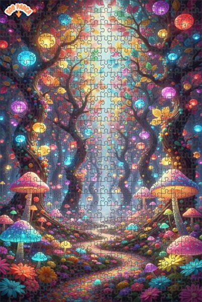 Teona Ahşap Enchanted Forest Lights Colorful Mushrooms Double Layer Framed Wo...