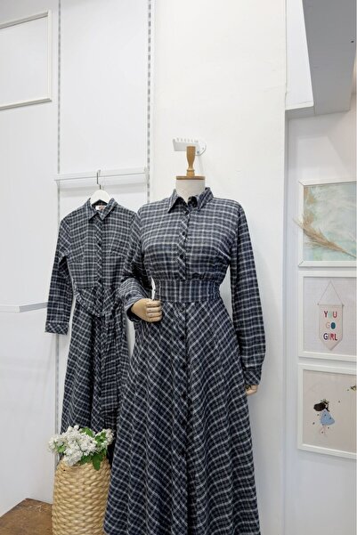 Faya Boutique Minik Ekoseli Antrasit Lacivert Elbise