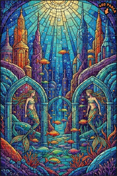 Teona Ahşap لغز خشبي على شكل ملكة البحر بتصميم زجاجي ملون 400 قطعة 35x35